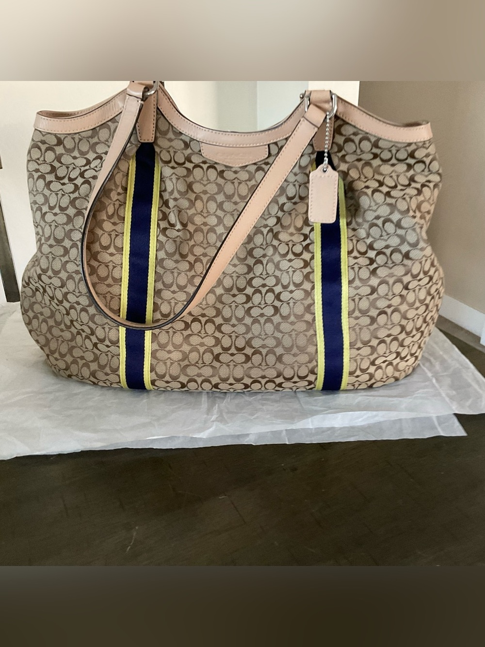 Coach Signature C Jacquard Canvas Tote Bag Tan Leather Trim Shoulder Bag